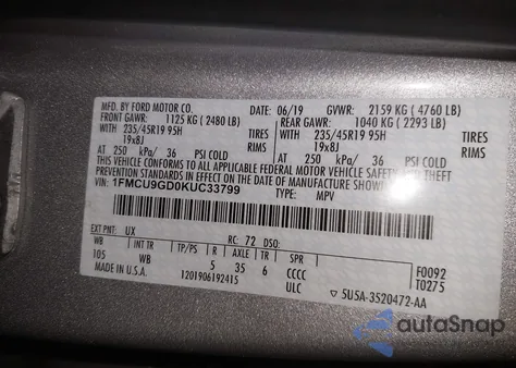 2019 Ford Escape Se z USA, uszkodzony, nr VIN 1FMCU9GD0KUC33799